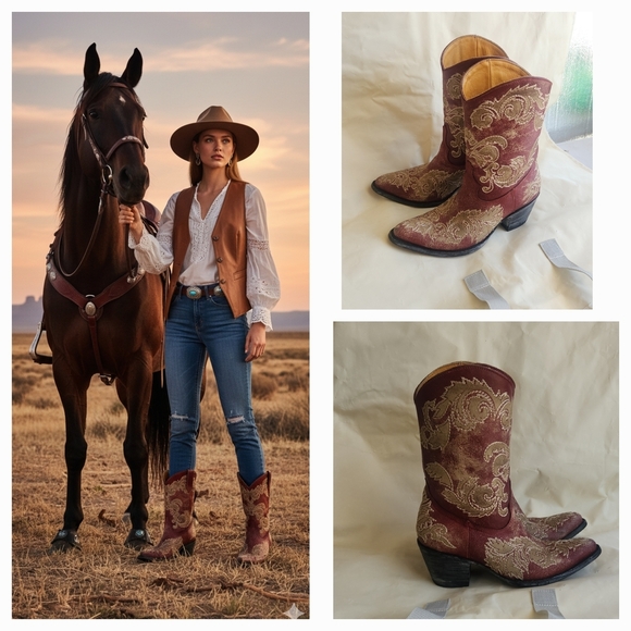 Old Gringo Shoes - Embroidered Western Cowboy Boots - Red and Gold